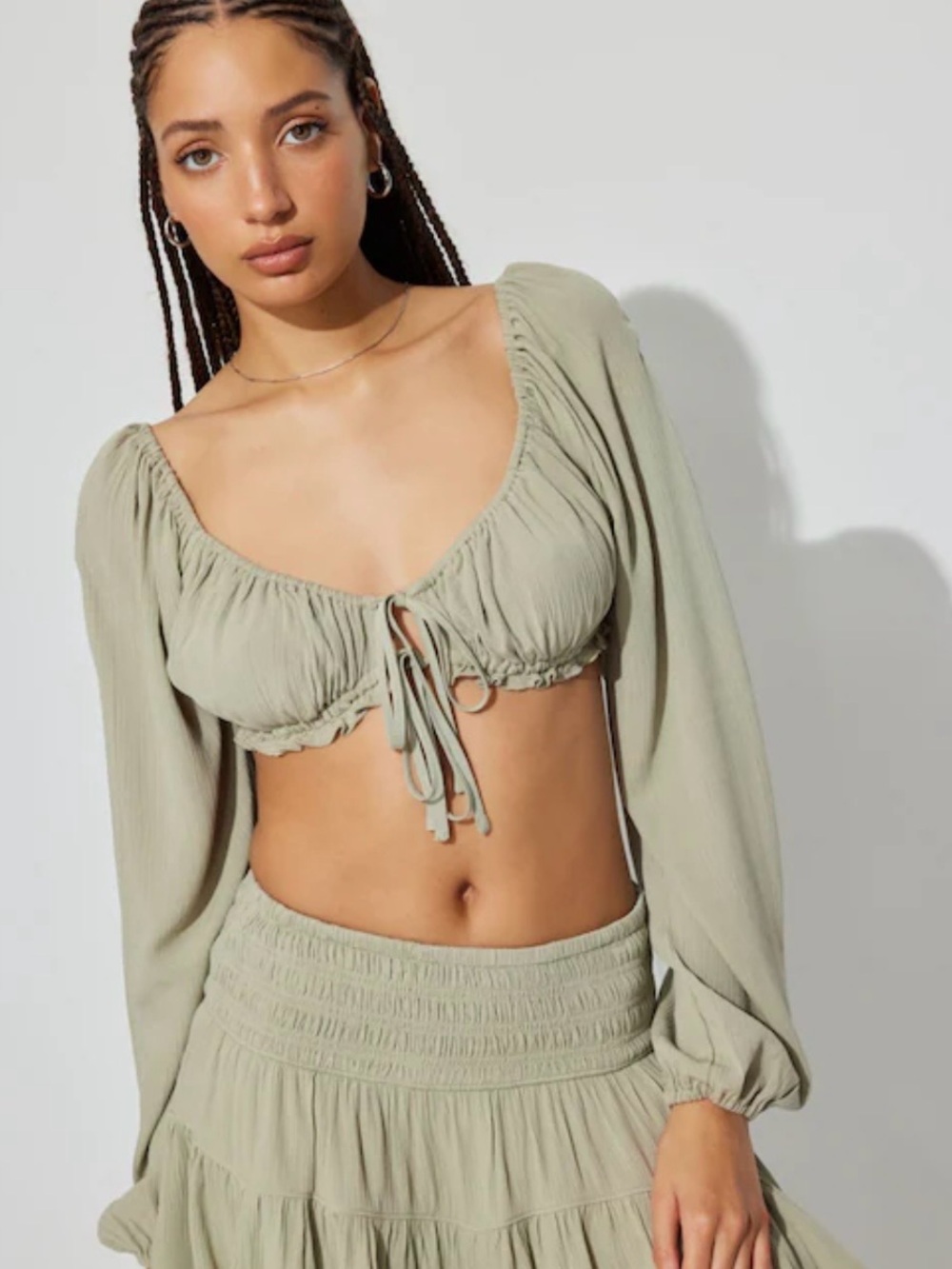 Sage Green Tie-Front Crop Top